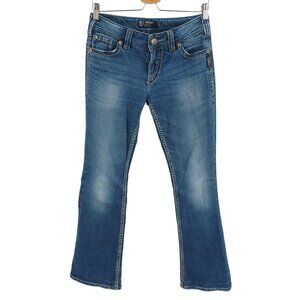 Silver Womens 27 Suki Surplus Button Flap Embroidered Whiskered Blue Denim Jeans